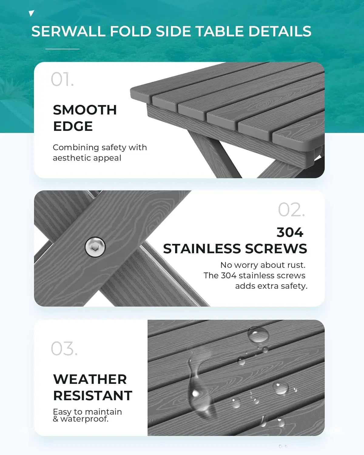 Small Folding Side Table, HDPE Outdoor End Table for Patio, Porch, Deck, Pool, Gray