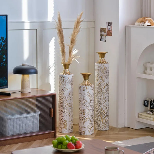 Set of 3 White & Gold Metal Vases - Stylish Floor Decoration, 24in/28.7in/33.5in Tall for Elegant Home Décor