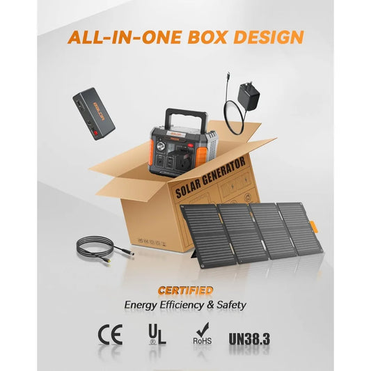 Solar Generator, 300W Portable Power Station with 60W Solar Panel, for Camping, Emergency Backup.