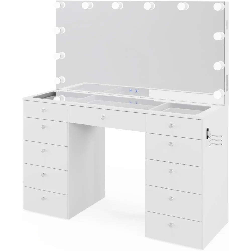 Orla - Glass Top Large Vanity Desk w/Bluetooth Speaker, 12 Hollywood Lights, 11 Drawers, Crystal Knobs, USB Type-C & Type-A Por