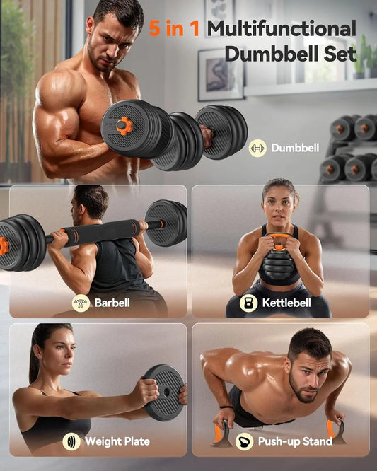 Adjustable Dumbbell Set 20-90lbs, 5-in-1 Free Weights for Barbell, Kettlebell & Push-Up Stand, Home Gym Fitness Equipment