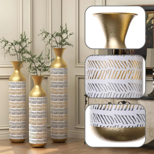 Set of 3 Tall Floor Vases - Large Vintage-Inspired Modern Metal Vases for Living Room Decor, Gold Accents for Hallway and Corner