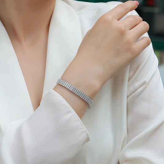 JIUZUAN Moissanite Wide Tennis Bracelet 925 Sterling Silver 18K Gold Plated Statement Jewelry for Party Gift for Women