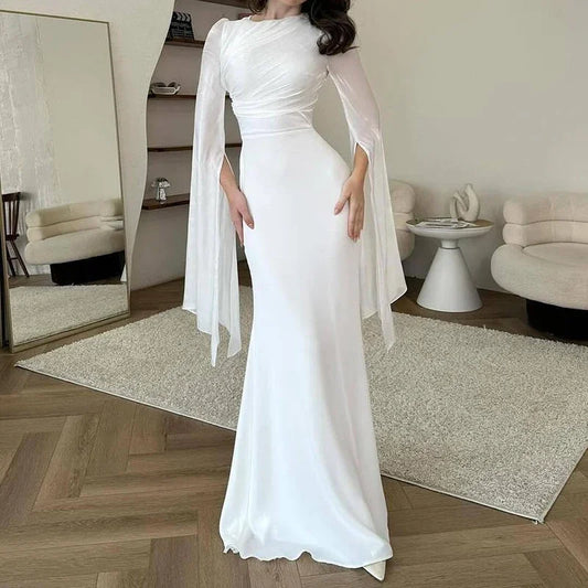 Fashion Satin Solid Maxi Dresses for Women Temperament O Neck Batwing Sleeve Slim Evening Dress Elegant High Grade Ladies Dress