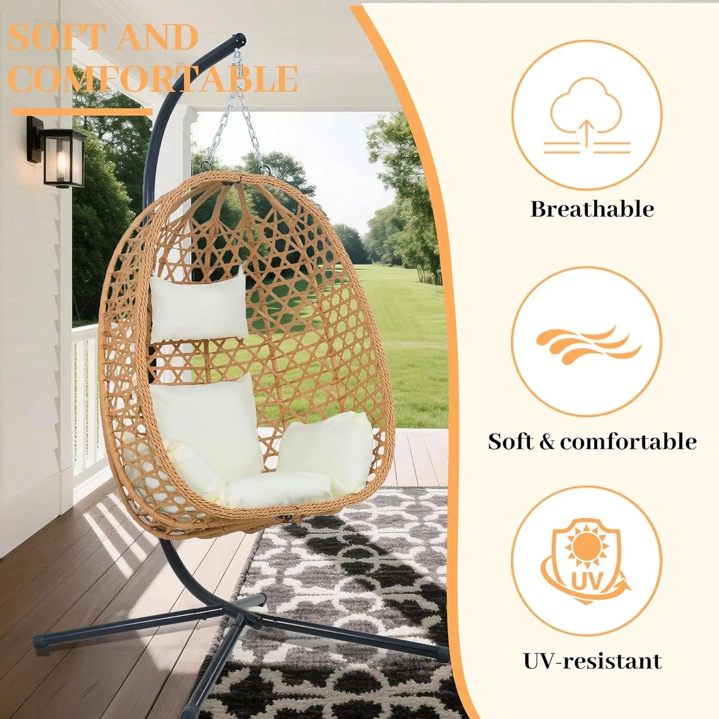 EortheX Hanging Egg Chair with Cushions – Rattan Swing Chair for Patio, Garden, Balcony – Indoor Outdoor Lounge Chair, 350LBS Ca