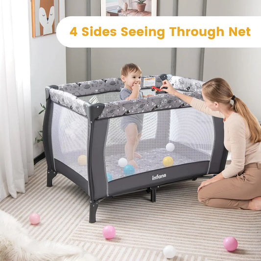 4-in-1 Portable Baby Playard with Bassinet, Changing Table, Canopy & Music Box for Newborns to Toddlers (Grey)