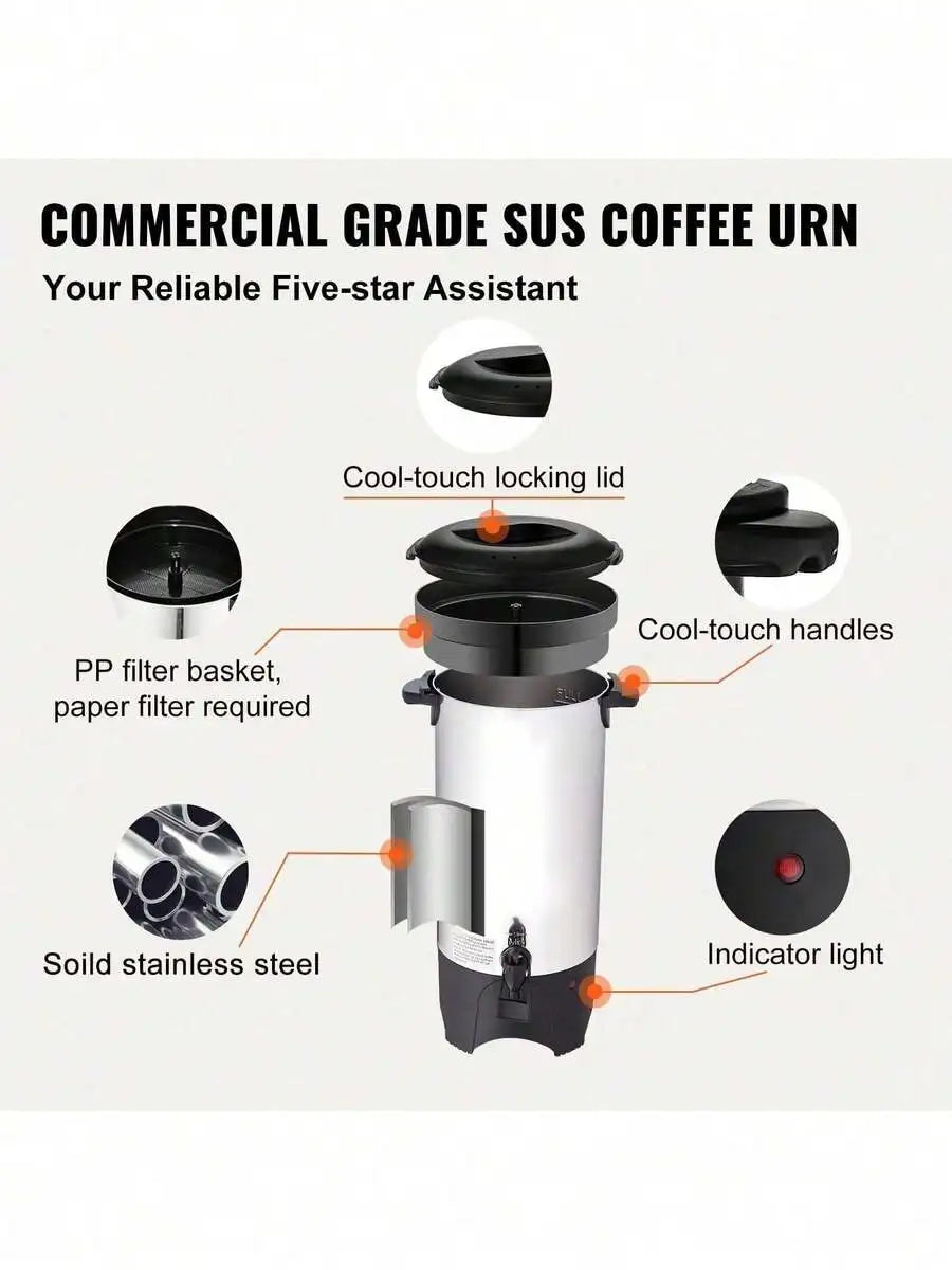 Commercial Coffee Urn, 50 Cups Stainless Steel Large Coffee Dispenser, 1000W 110V Electric Coffee Maker Urn For Quick Brewing, H