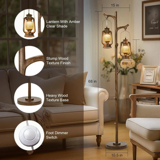 68" Rustic Farmhouse Tree Trunk Floor Lamp with Lantern, Stepless Dimmable, Brown Wood Finish for Living Room Bedroom Office