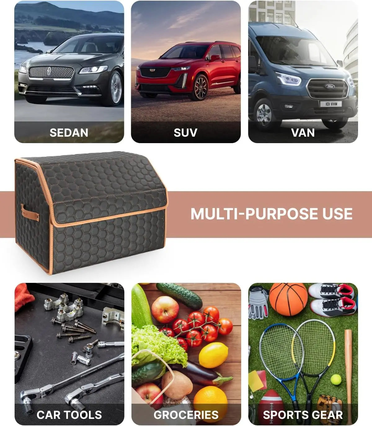 Foldable Car Trunk Organizer with Magnetic Lid, 17.7" Storage Tote for Groceries and Travel Gear in Black-Brown