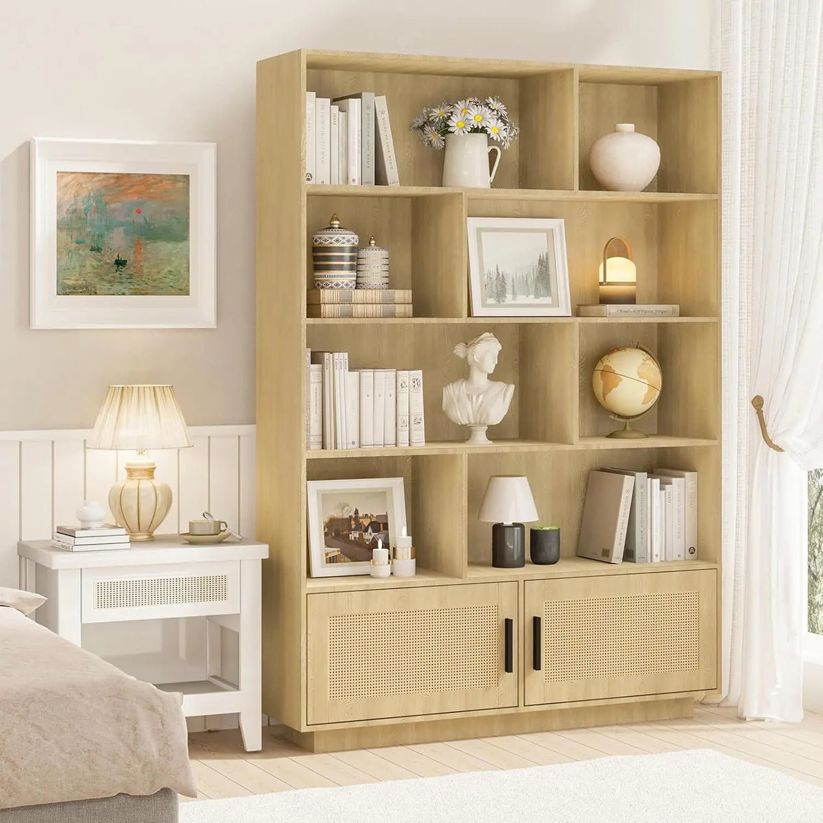 5 Tier Bookshelf, Boho Bookcase with Rattan Doors, Wooden Bookcase and Bookshelf with Storage for Living Room