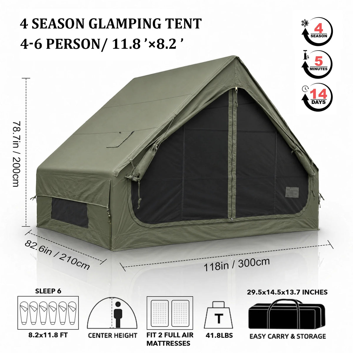 SENLEETO Inflatable Camping Tent 2-4 Person Waterproof 420D Oxford Cloth Glamping Family Tent with Stove Jack & AC Hole, Easy Setup Air Tent with Manual Pump & Detachable Extension Rain Poncho Canopy