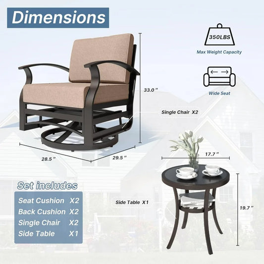 3 Pieces Patio Furniture Set, Outdoor Aluminum Swivel Gliders Rocker, Patio Bistro Set Rocking Chair with Tempered Glass Side T