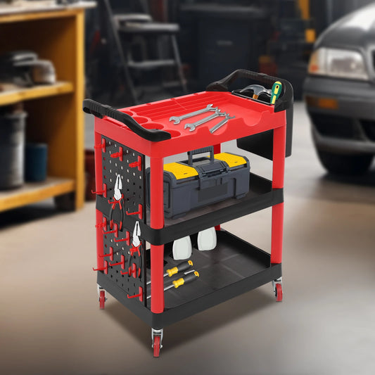3 Tier Rolling Tool Cart, Folding Hand Truck, 300lb Capacity, Plastic Utility Cart, with Hooks, Mobile Transport Organizer