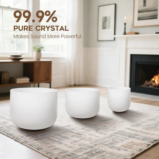CVNC Set of 3 PCS 440HZ 6" A Note 8" F Note and 10" C Note Frosted Chakra Quartz Crystal Singing Bowl with Carry Case