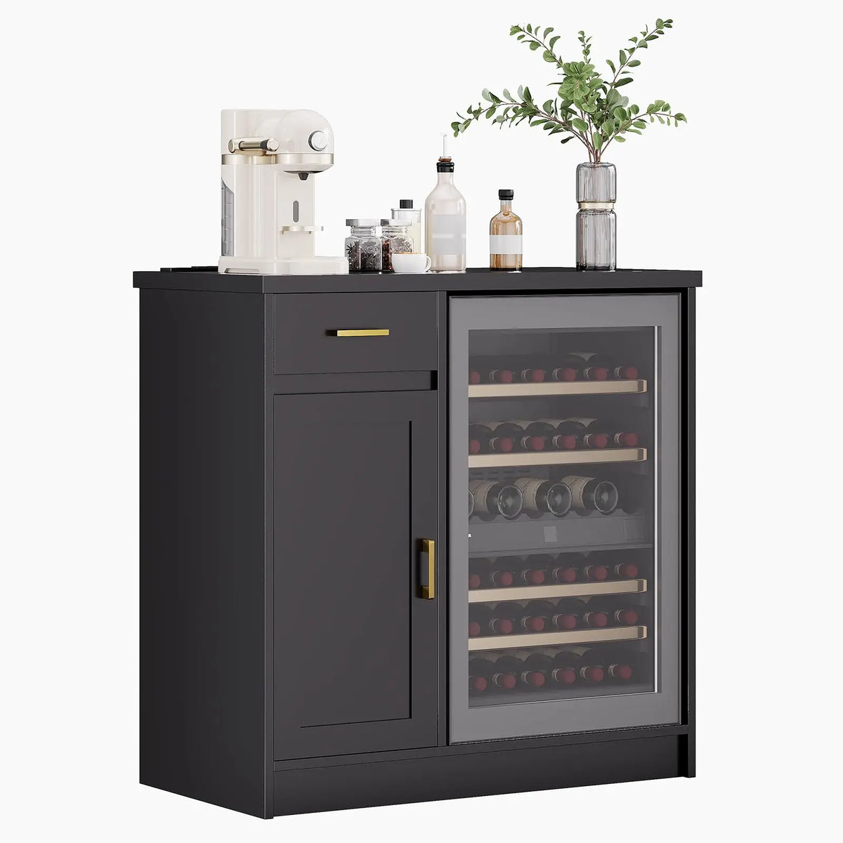 42in Farmhouse Wine Bar Cabinet For 24in Mini Fridge, Coffee Bar With 2 Outlets & 2 USB, Drawer Door Storage Sideboard