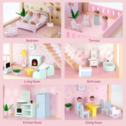 Wooden Dollhouse with 36Pcs Dollhouse Furniture Accessories, 7 Rooms Large Modern Doll House, Ideal Toy Gift for Girls Boys Todd