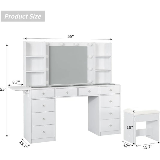 "LED-Illuminated Makeup Vanity Desk with Mirror, Power Outlet, and Ample Storage"
