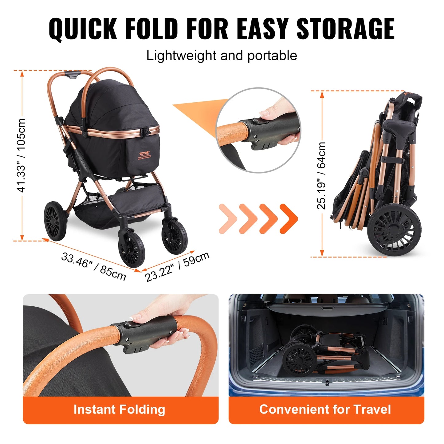 SucceBuy 66 lbs Pet Stroller Foldable Dog Puppy Stroller with Brakes Storage Basket Detachable Carrier for Small to Medium Dogs