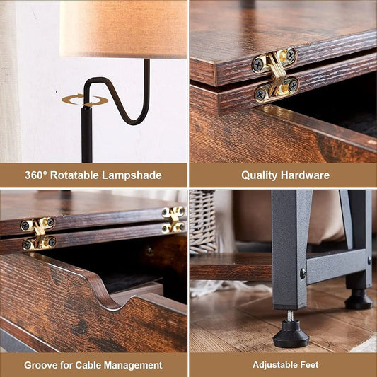 Narrow Floor Lamp with Table, Rustic Side Table with Storage, USB & Type-C Ports, 2 Outlets for Living Room