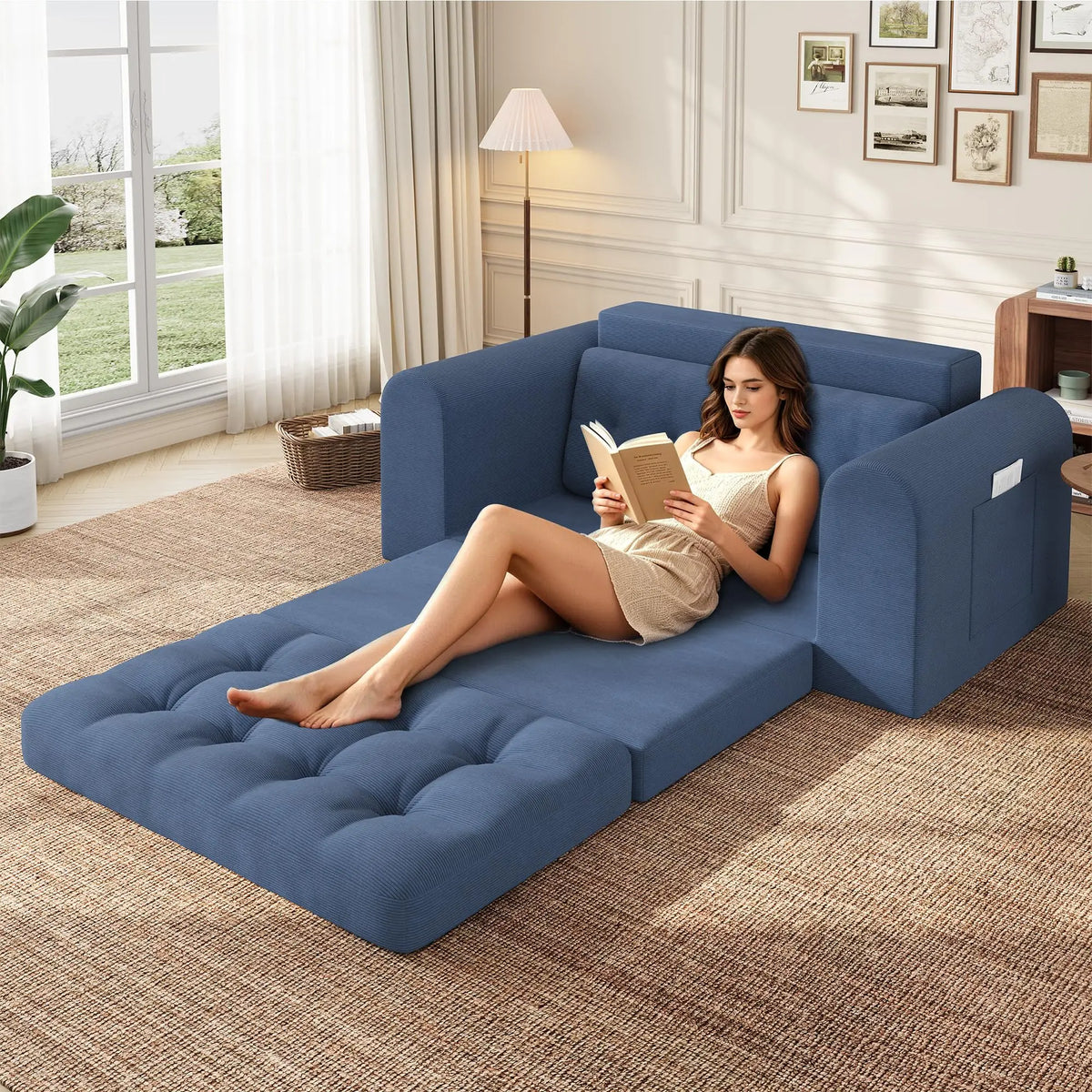 Convertible Corduroy Sofa Bed - 59 Inch Loveseat Futon Couch - Pull Out Sleeper, Folding Design for Living Room or Bedroom - Space-Saving, Comfortable Seating