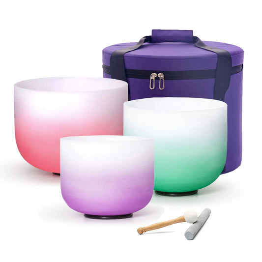 Light Color 432hz Crystal Singing Bowls Set 3pcs Professional Frosted Quartz Chakra Sound Bowl with Carrying Case,Sound Healing