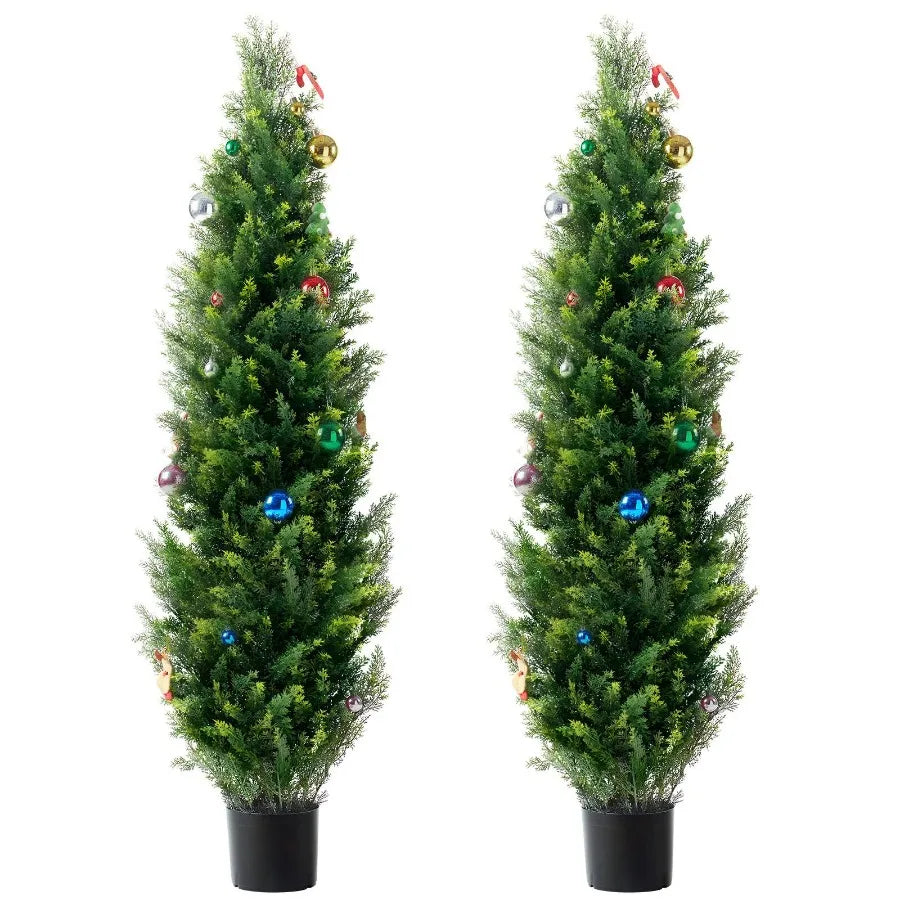 Artificial Cedar Topiary Tree 60 inch Tall 2 Pieces with Extra Leaves Pot Faux Evergreen Fake Pine Cypress Trees Plant UV Rated