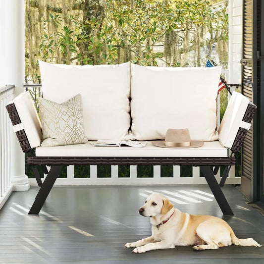 Flamaker Outdoor Convertible Sofa, Woven Rattan Patio Furniture Sunbed with Adjustable Armrests, Removable Cushions and Pillows