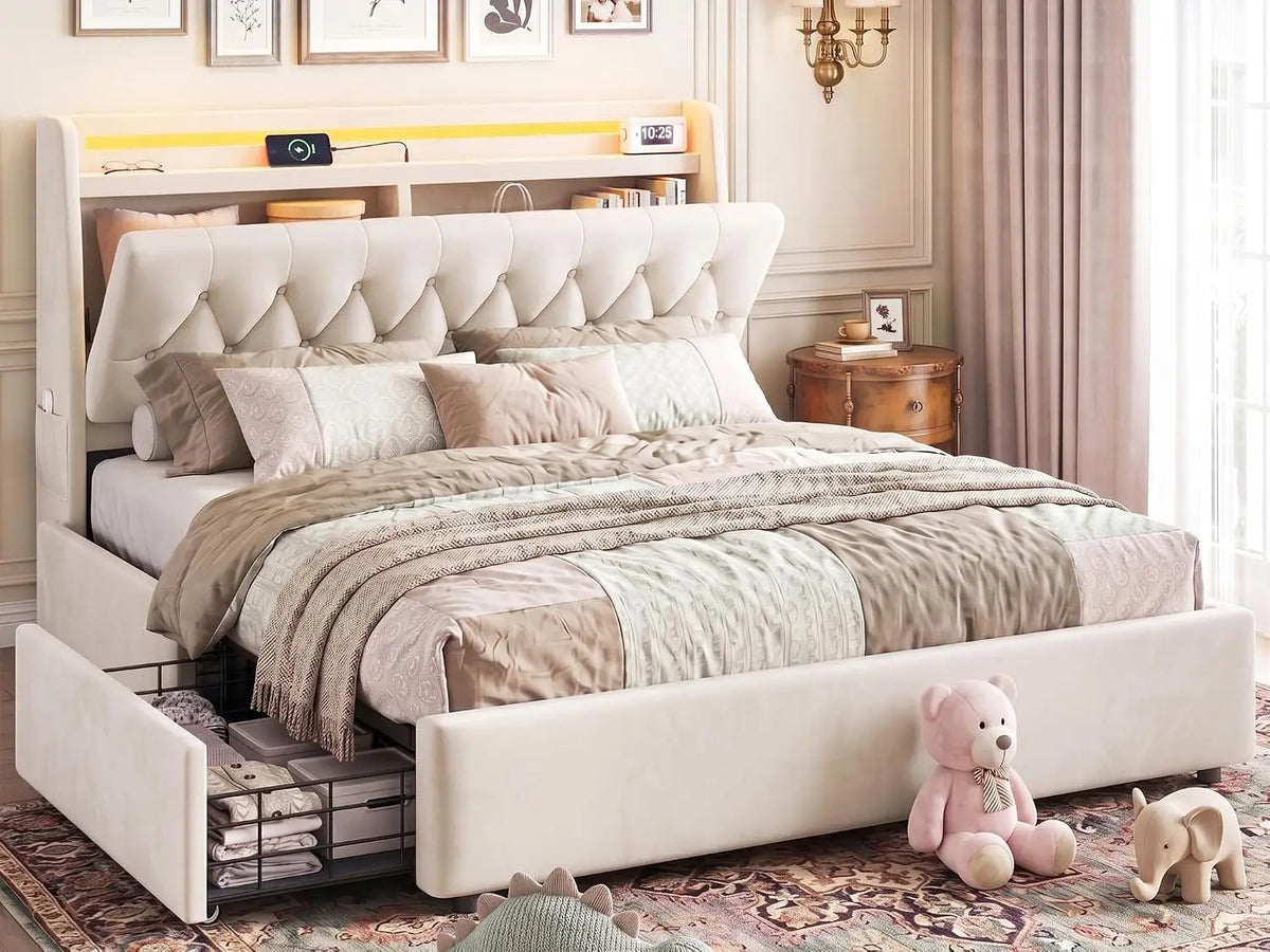 MapleGrace Full Size Bed Frame with 2 Storage Drawers & Hidden Headboard