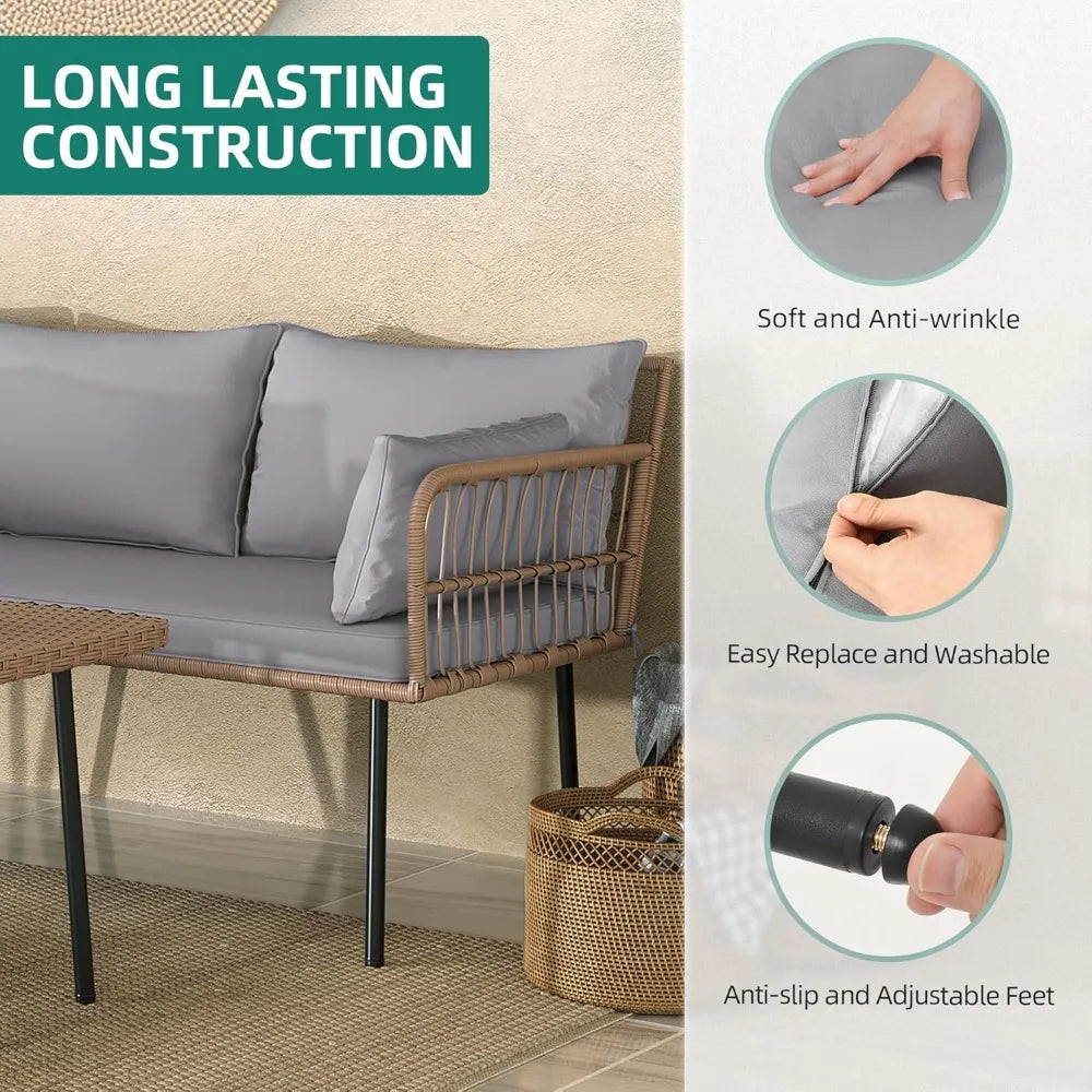 4-Piece Wicker Patio Furniture Set, All Weather PE Rattan Conversation Set Sectional Sofa with Soft Cushions & Side Table