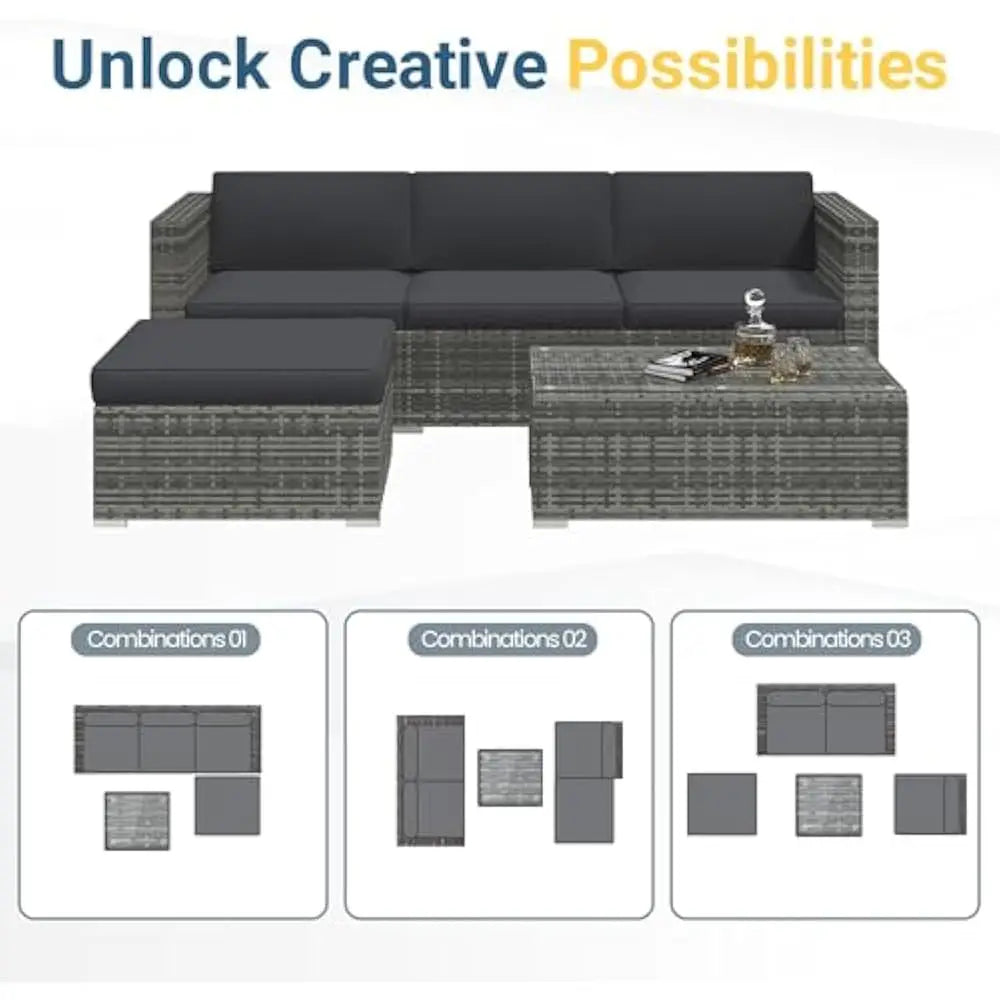 5-Pieces Outdoor Patio Furniture Sets with Cushions & Glass Coffee Table, All Weather Wicker Rattan Sectional Sofa Set