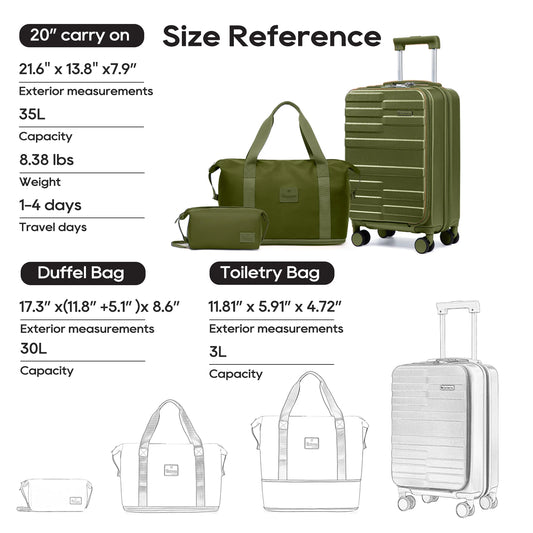 3-Piece Luggage Set, 20 inch Lightweight Durable Front-opening Travel Suitcase with Cup Holder, TSA Lock and Spinner Wheels