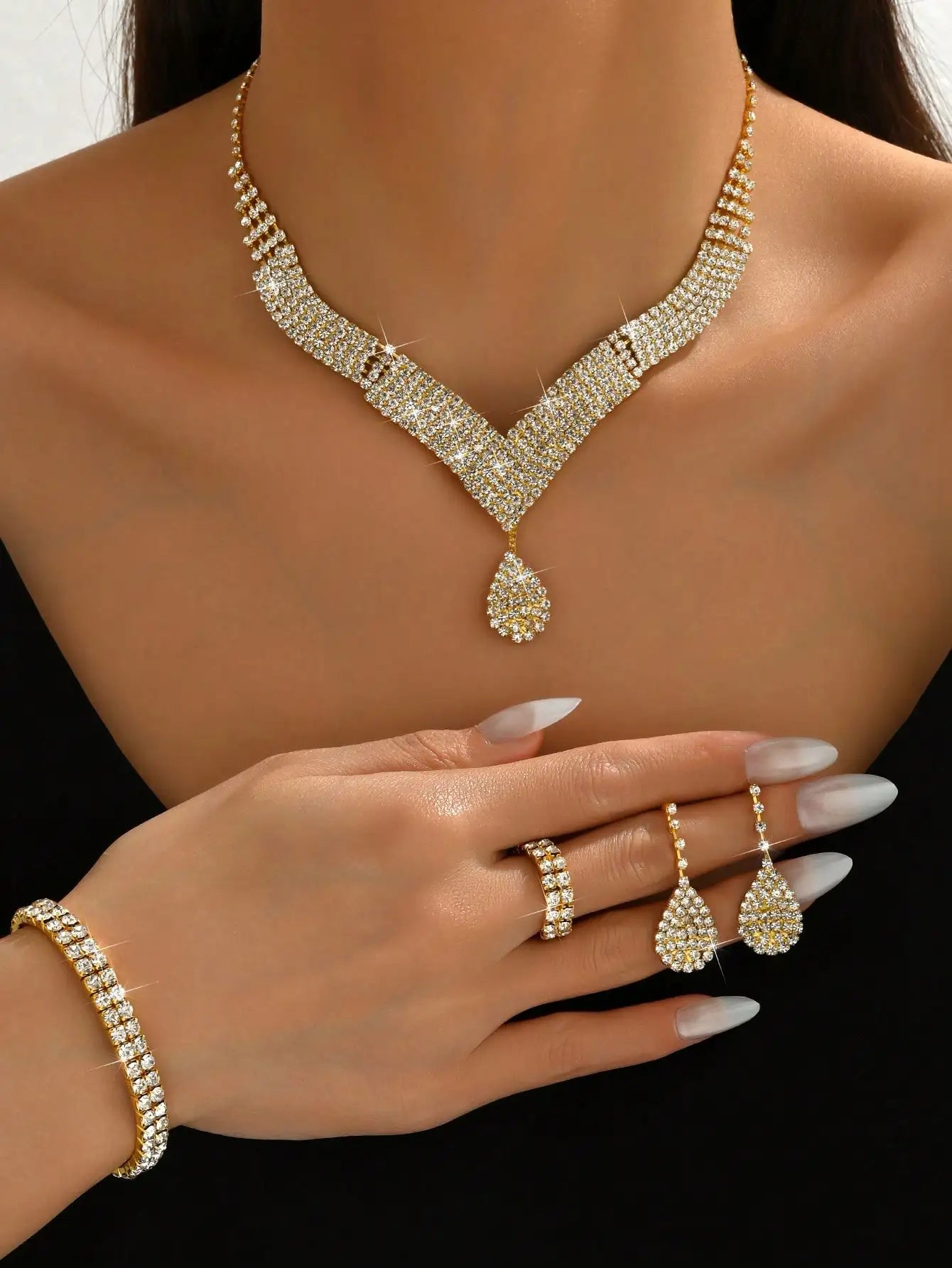 5-Piece Black Crystal Jewelry Set for Women - Necklace, Earrings, Bracelet, Ring - Bridal & Valentine's Day Gift