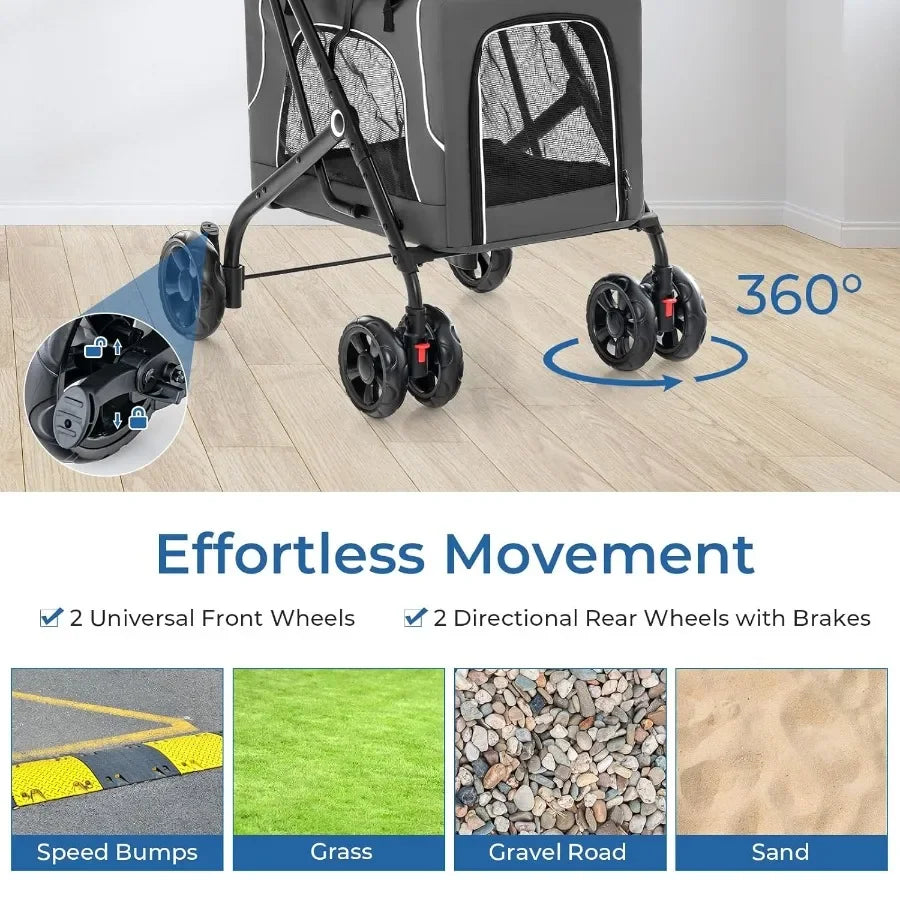 Double Dog Stroller for 2 Dogs Detachable Carriers Safety Belt 4 Lockable Wheels Pet Travel Carrier Strolling Cart Folding Cat