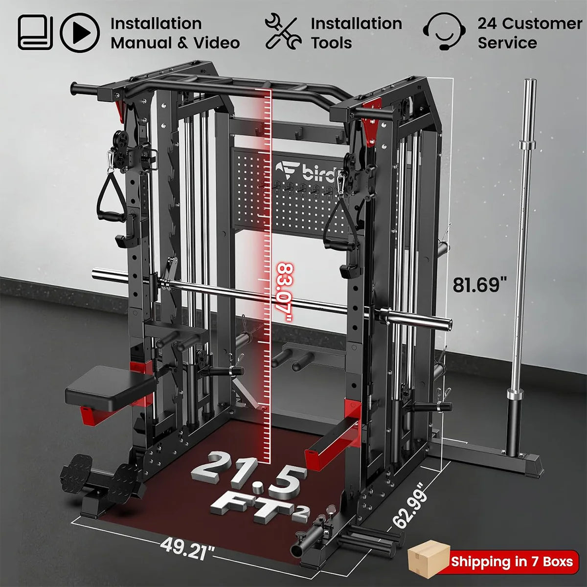 Pooboo Multi-Function 2000LB Power Cage Smith Machine, Dual Pulley Cable Crossover | Home Gym Squat Rack Featuring LAT Pulldown & Strength Training Attachments, Pegboard