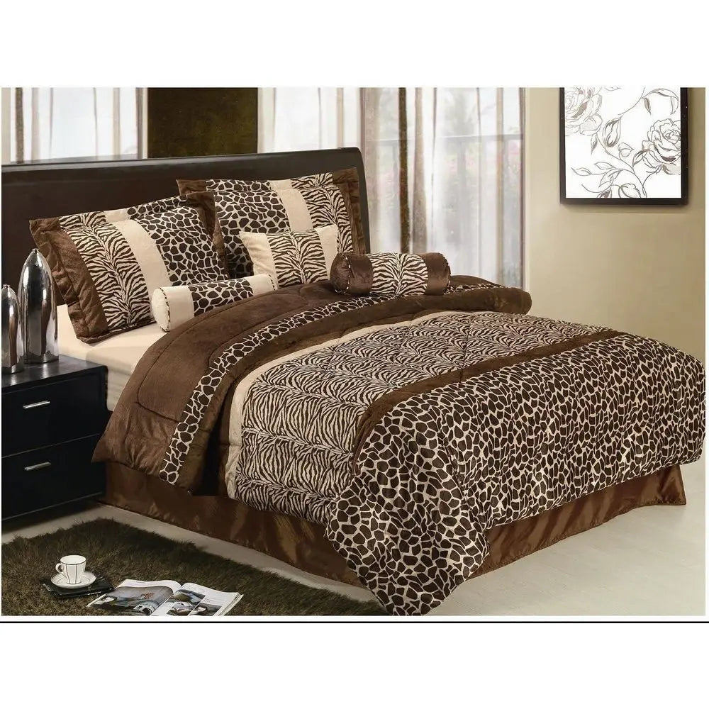 Queen Size Brown Animal Print Zebra, Giraffe Comforter Set, Microfiber Bedding - Perfect for Bedroom or Guest Room