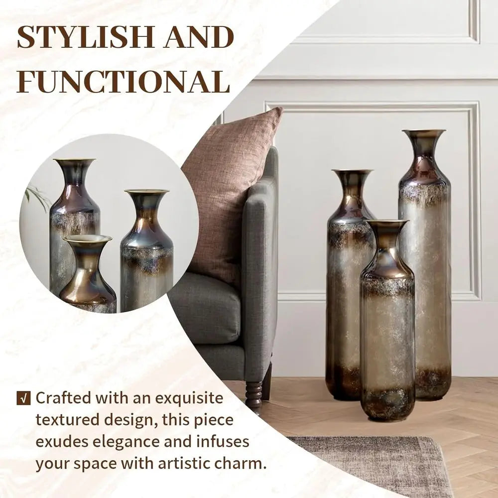 Floor Vases Decorative Tall Set of 3, Rustic Burnt Finish Metal Floor Vases for Decor Living Room, Fireplace Corner Hallway, Bed