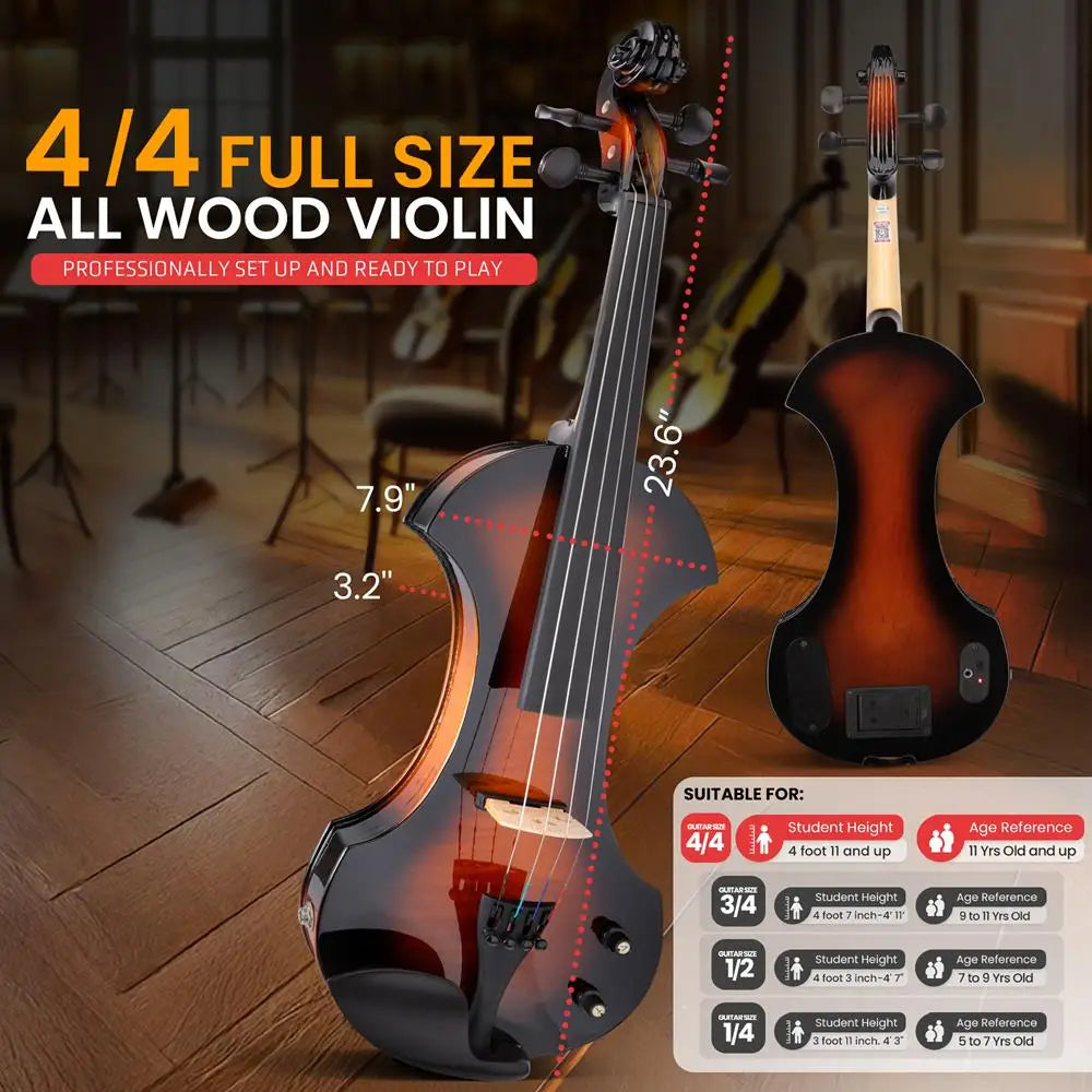 4/4 Silent Electric Violin, Solid Wood, 10W Amp, Complete Kit for Beginners & Professionals