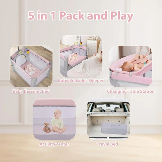 5-in-1 Pink Baby Bassinet Bedside Crib, Foldable Playard with Travel Bag for Infant Newborn