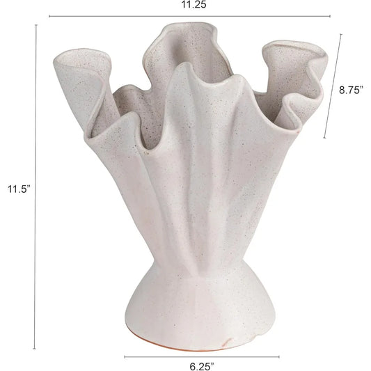 Elegant Ruffled Stoneware Vase Cream Home Decor Farmhouse Style Floral Arrangement Centerpiece