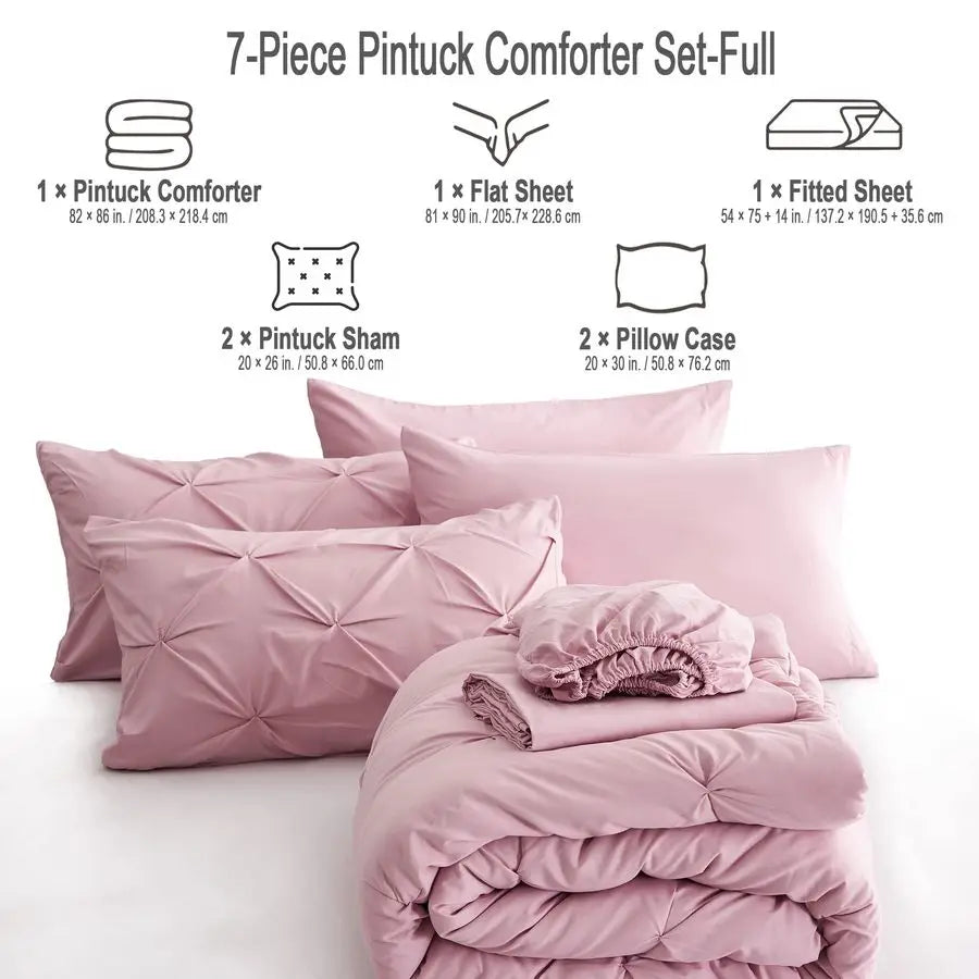 7pc Full Size Comforter Set with Sheets, Pinched Pleat 7 Piece Bed in a Bag Blush Bed Set with Comforter, Pintuck All Season Bed
