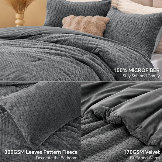 Flannel Fleece Queen Comforter Set Furry Grey Leaves Pattern Faux Fur Bed Set, Winter Ultra Soft Fuzzy Comfort Set, Velvet Beddi