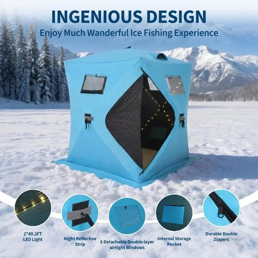Ice Fishing Tent for 2-3 Person, 210D Insulated Pop-Up Shelter with LED Light Strip