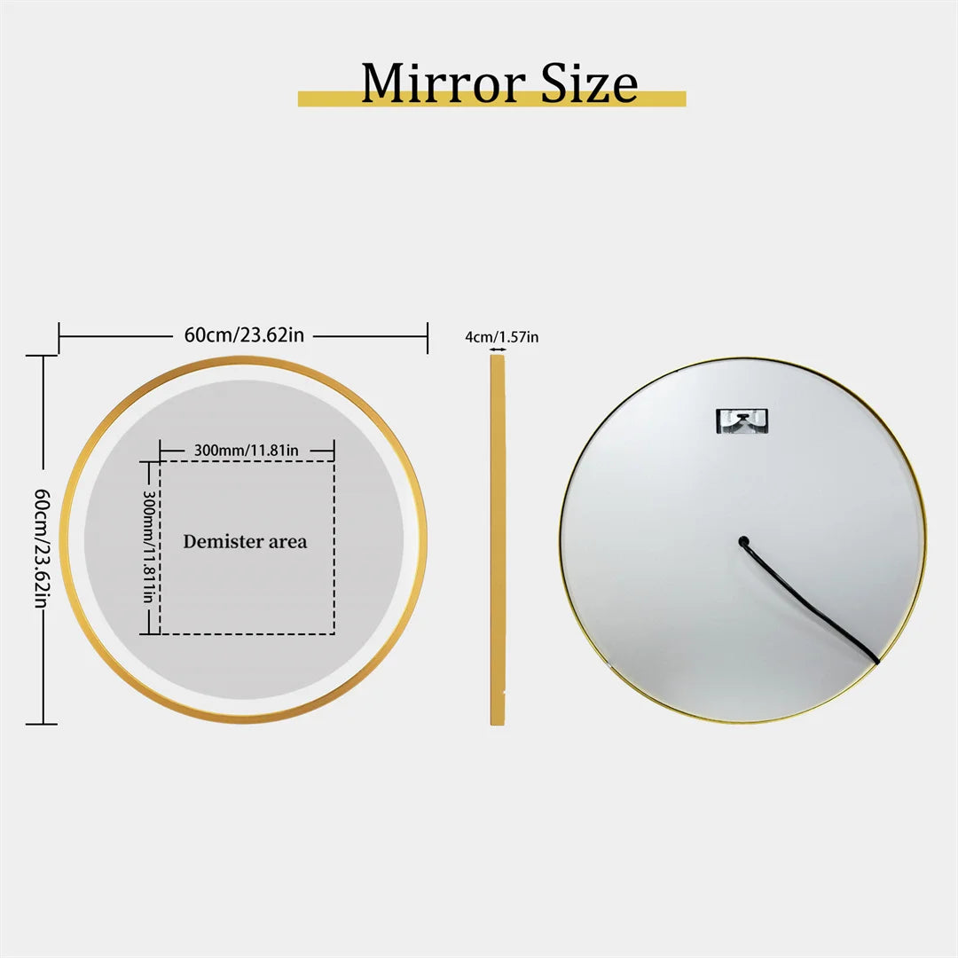 LUVODI 32 inch Gold Frame Round Bathroom Mirror with Dimmable LED Lights Wall Vanity Mirror 3 Colors Anti-Fog Smart Mirror