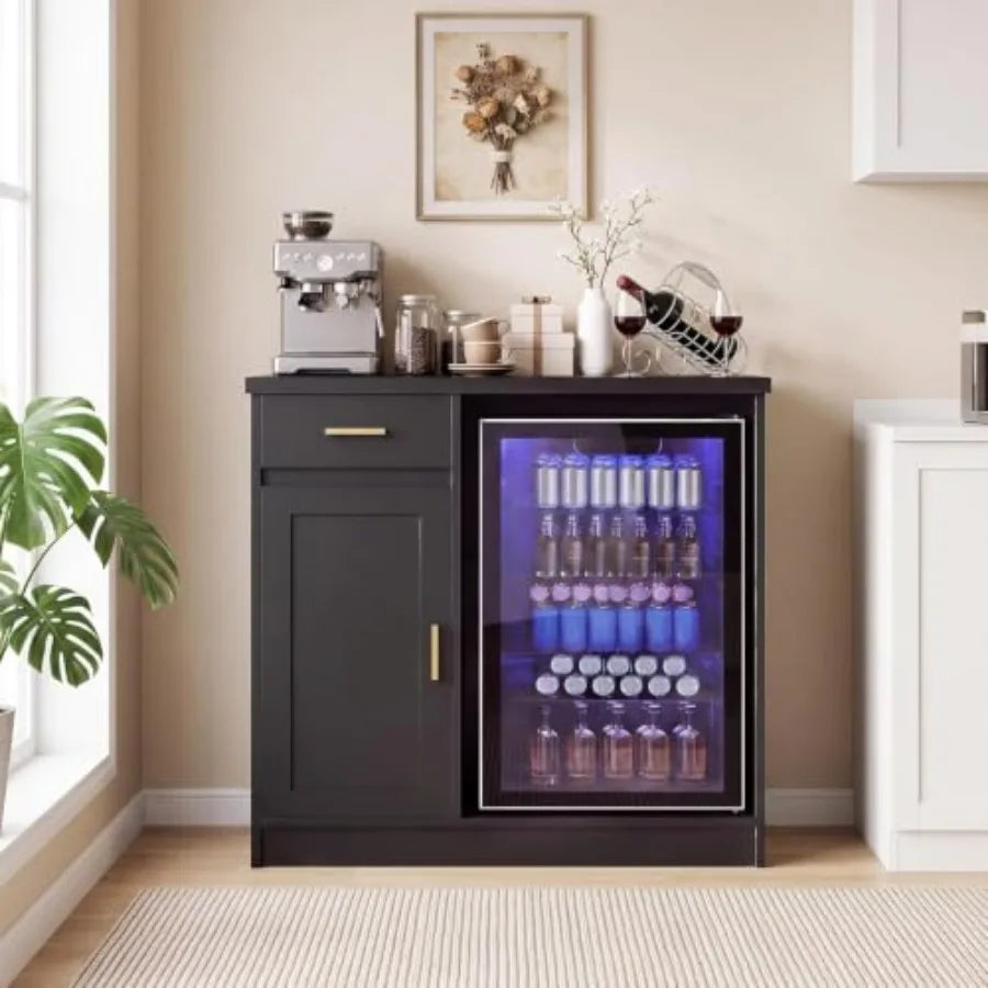 Farmhouse Coffee and Wine Bar Cabinet, 42" Home Bar with Mini Fridge Space Fits 24" Fridge - Storage Buffet Cabinet - Built-in