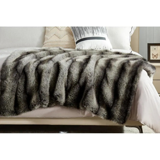 High-end Premium Fuzzy Faux Wolf Fur Throw Blanket 50" x 60", Luxury Cozy Accent Thick Animal Skin Fluffy Fox Blanket for Couch