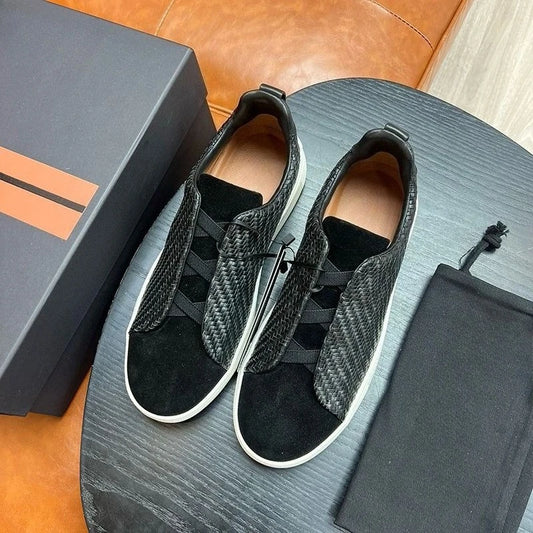 Low profile luxury men's casual loafers, casual sports shoes, elastic knitted leather driving shoes, lightweight and breathable