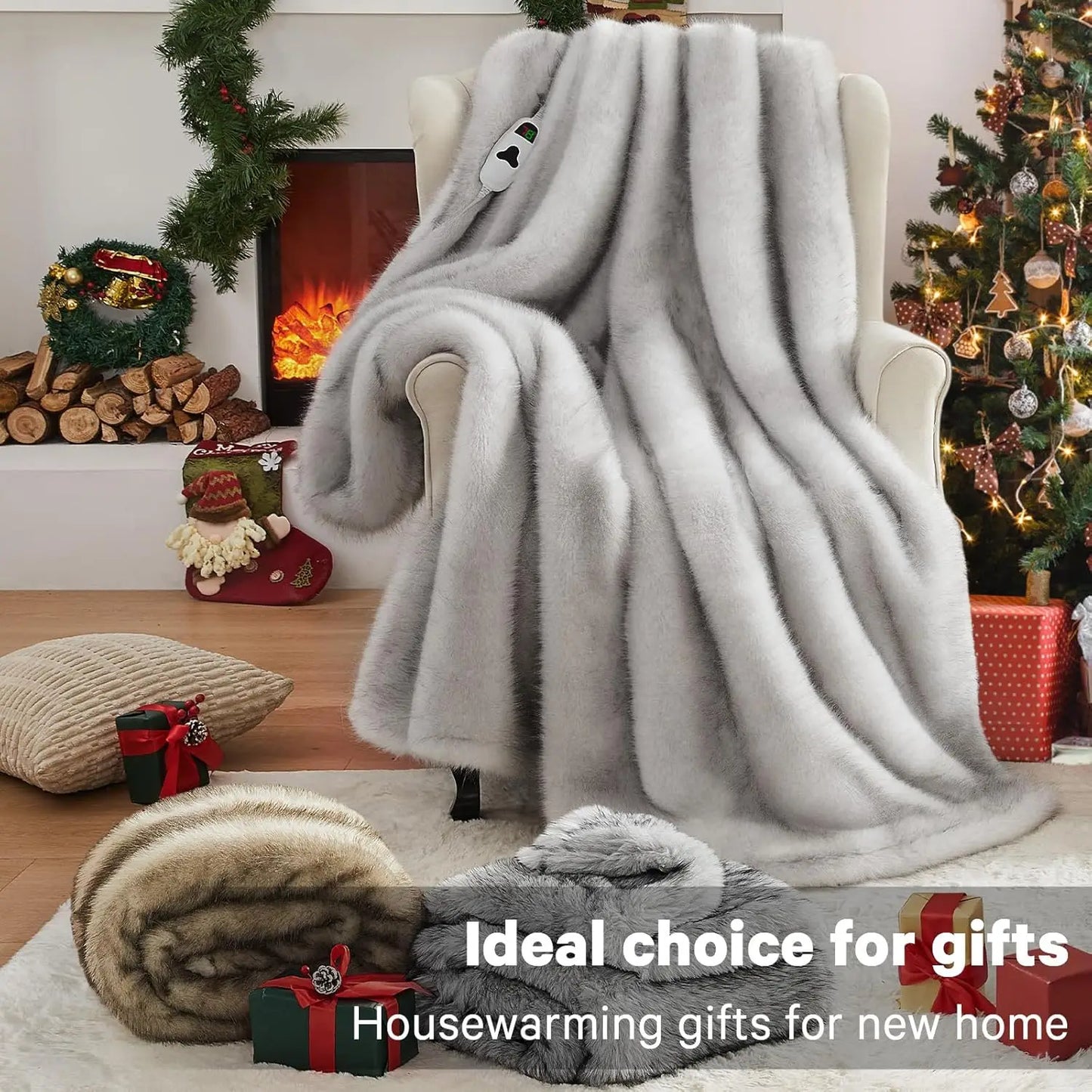 Heated Electric Blanket Throw, 50"X60" Faux Fur Heating Blanket with 10 Heat Levels & Auto Off, Cozy Winter Warming Gift