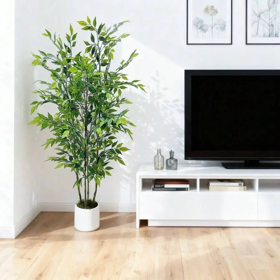 4/5/6Ft Artificial Ficus Tree, Silk Fake Ficus Leaves Plant With White Imitation Ceramic Planter, Indoor Outdoor Potted Faux Tre