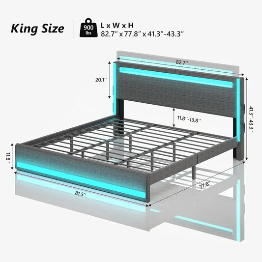 King Size Bed Frame and Adjustable Headboard Light up King Size Platform Bed Frame with TypeC USB Charging Station LED Upholste