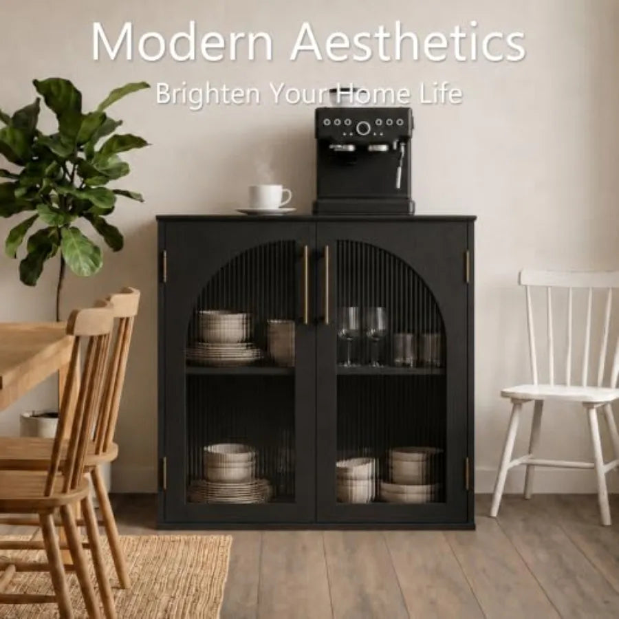 31.5 Glass Door Buffet Cabinet with Storage, Modern Double Arched Sideboard Cabinet for Living Room Dining Room Entryway, Coffe
